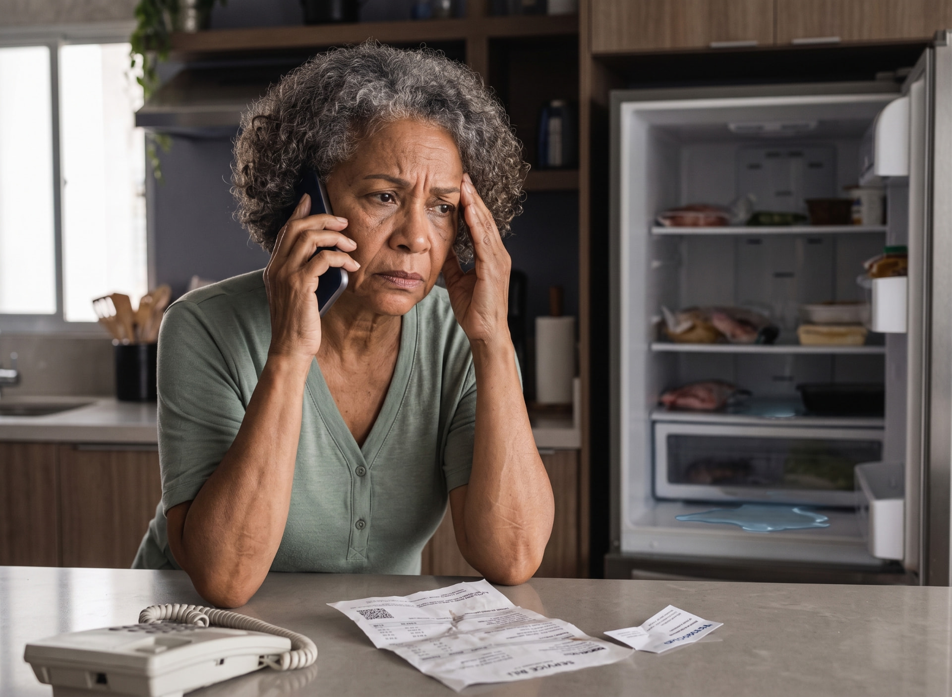 Consumidora ao telefone com a nota fiscal na mesa e a geladeira com defeito ao fundo